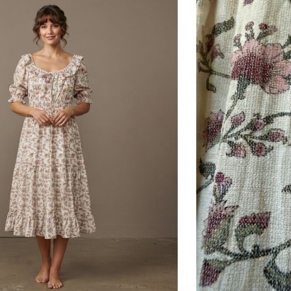 Trixxi Floral Smocked tiered Midi Dress Cream Pink Cottagecore Prairie Milkmaid